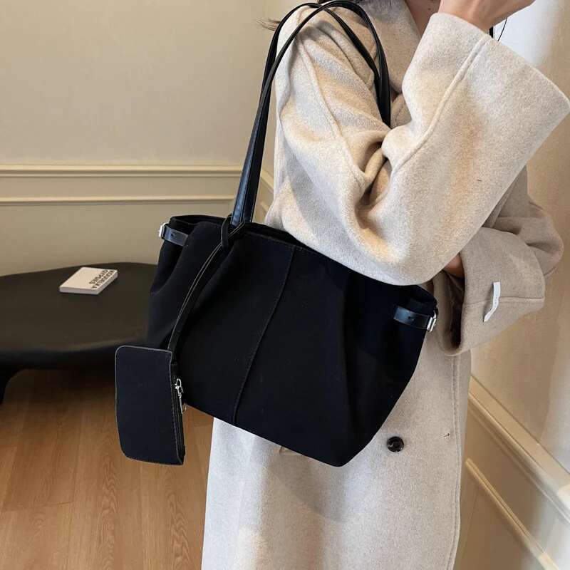 Women Suede Tote Inner Pocket Underarm With Zipper Solid Color Satchel Bag For Work Travel