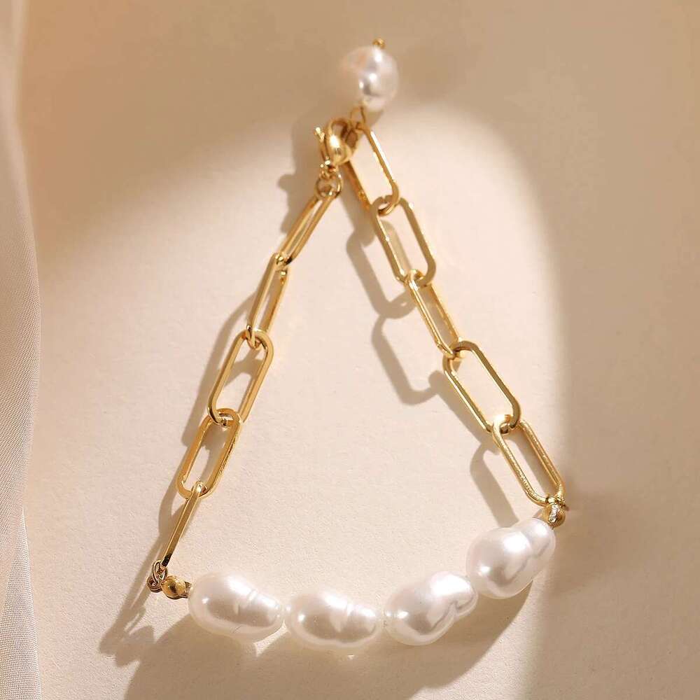 NEWBUY Brand Non-Fading Gold Color Paper Clip Chain Pearl Bracelet For Elegant Women Stainless Steel Party Jewelry