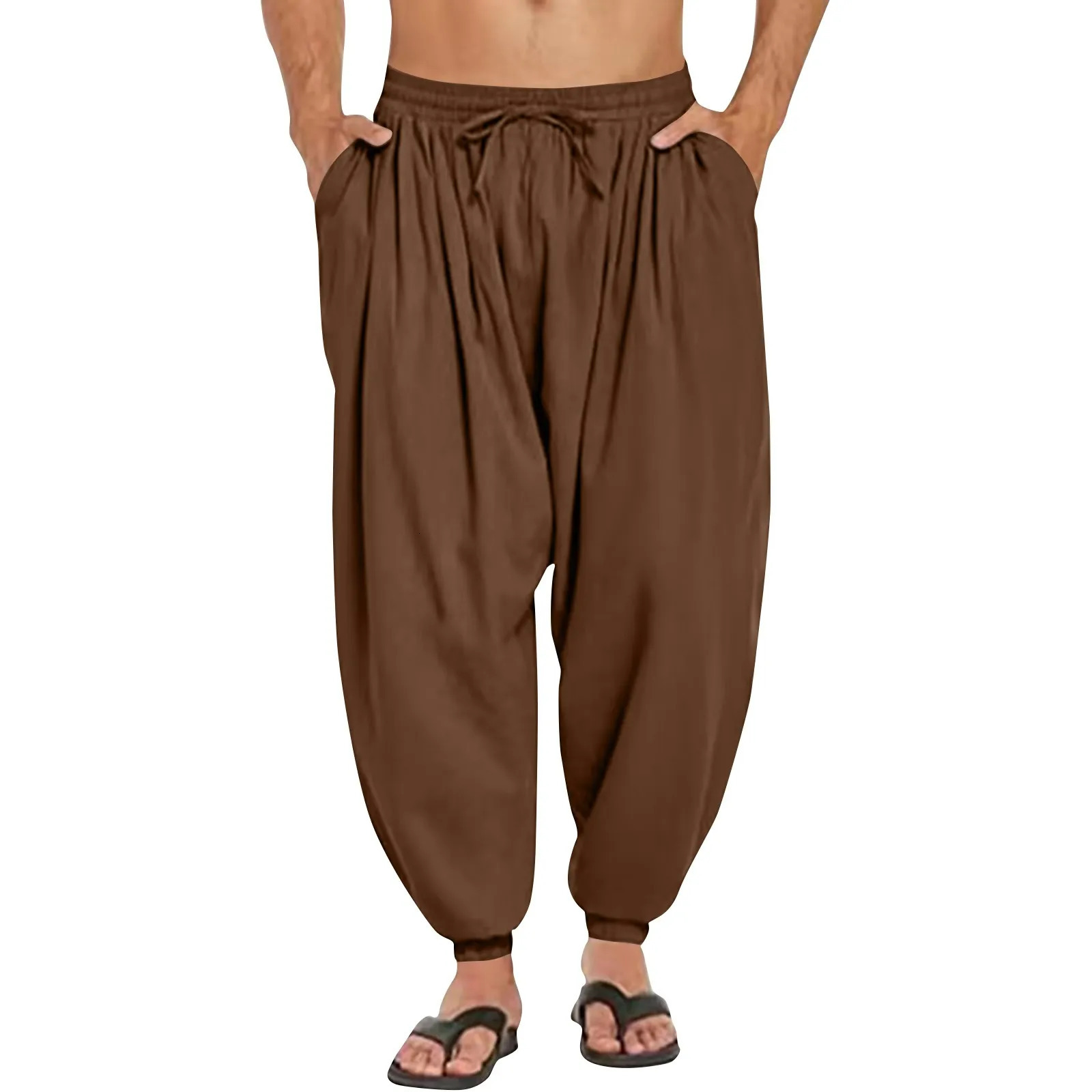 Mens Summer Casual Comfort Loose Drawstring Elastic Waist Front Pocket Cropped Pants Cotton Linen Pleated Thin Pencile Trousers 250515