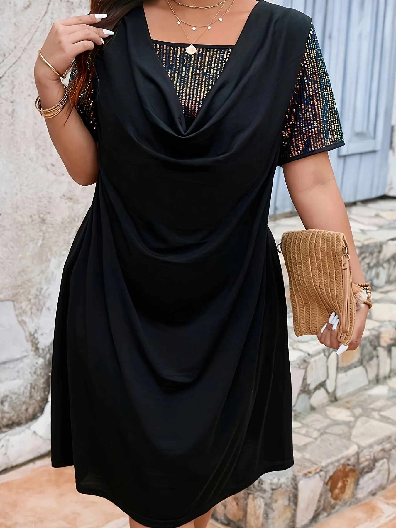 Plus Size Womens Elegant Short Sleeve Contrast Color Midi Dress Sequin Detail Black Polyester Casual Outing Knit Fabric 250509