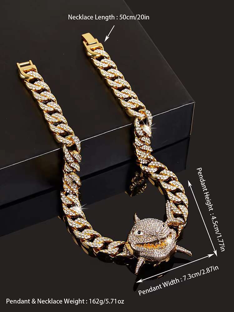 Fashionable Domineering Big Shark Pendant Necklace Dia Hip-hop Cuban Chain Jewelry for Men