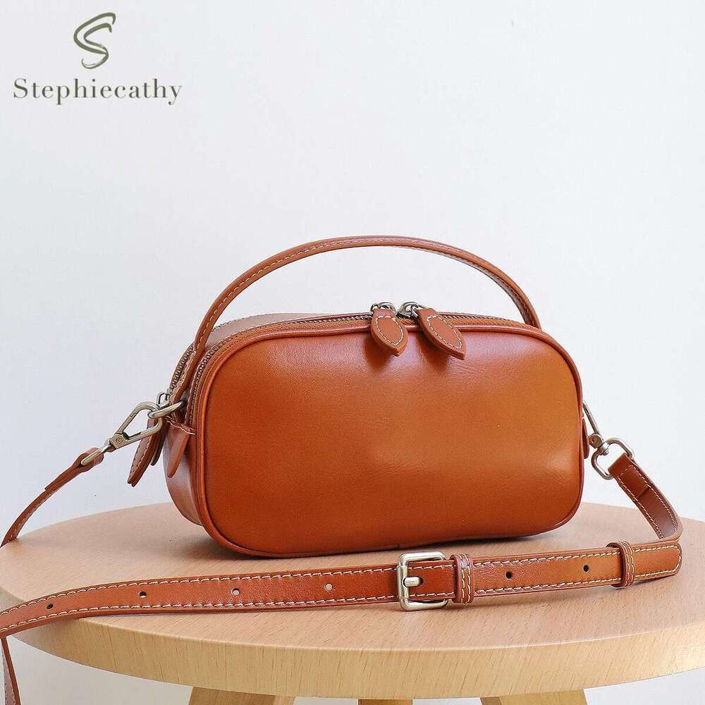 Women's Plain Solid Color Minimalist Vegetable Tanned Leather Top-Handle Cross Body Bag Real Cowhide Small Fashion Chic Daily