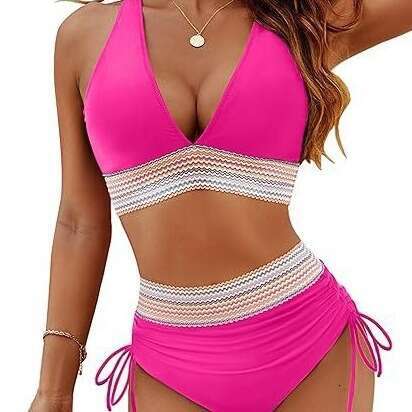 European American women's bikini high waist split color matching set with drawstring gathered belly swimsuit manufacturer directly supplies new c
