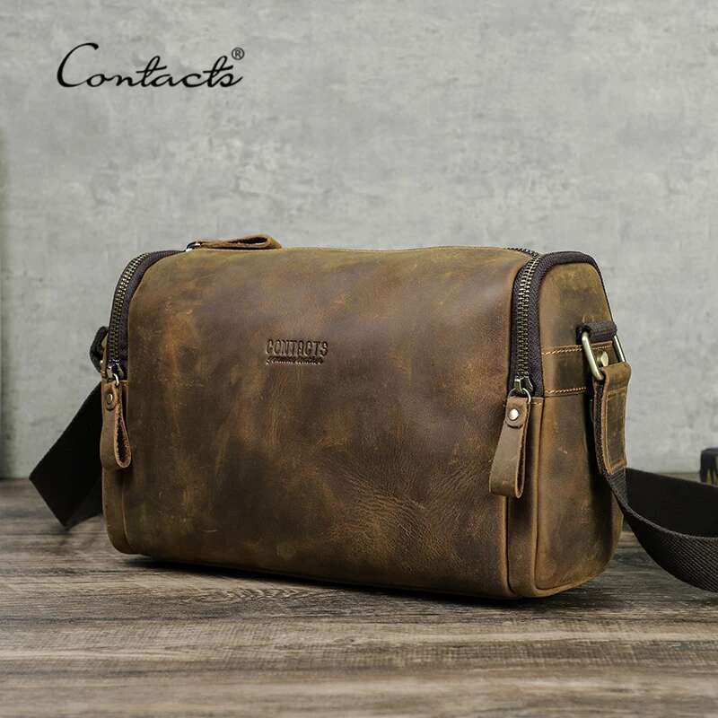 Crazy Horse Leather Men Handbag Designer Vintage Crossbody Small Strap Sling Shoulder Bag Brand Messenger Bags New
