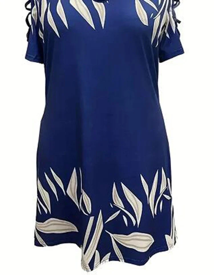 Plus Size 1XL-5XL Women Fashion Off The Shoulder Printed Short Sleeve Dress Ladies Elegant Knee Length Dress 250509