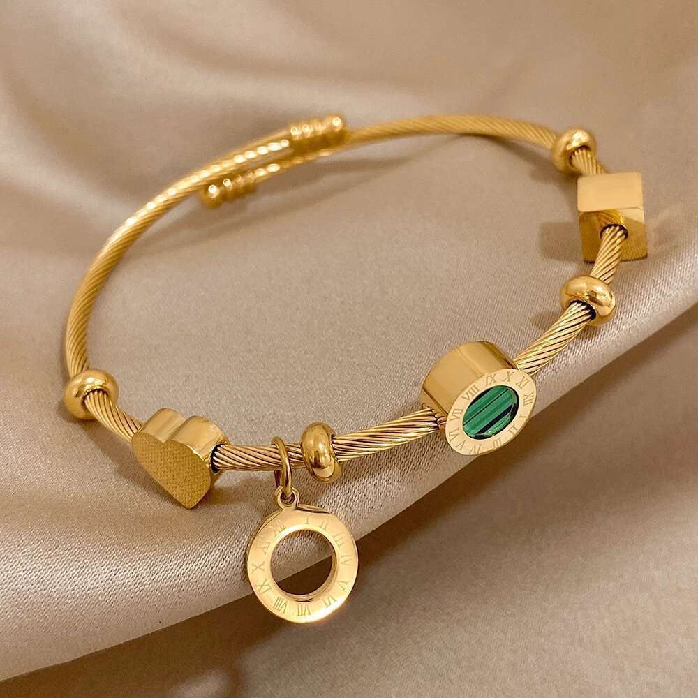 AENSOA 316L Stainless Steel Malachite Roman Letters Charm Bangles Bracelets For Women Gold Color Waterproof Wrist Jewelry Gift