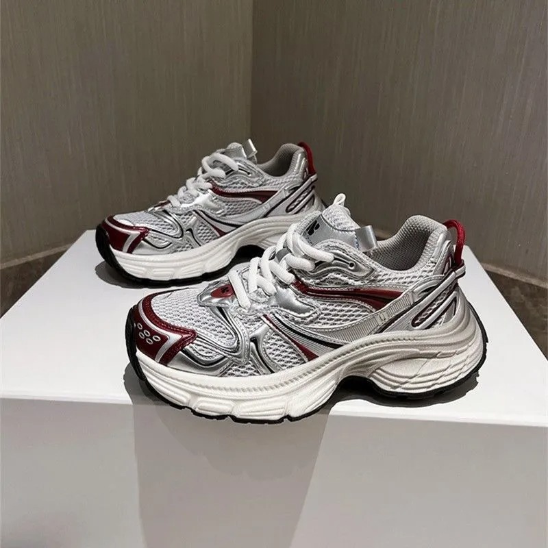 Daddy shoes female ins tide 2025 new spring and summer thick bottom sneakers mesh show feet small shoes silver casual shoes