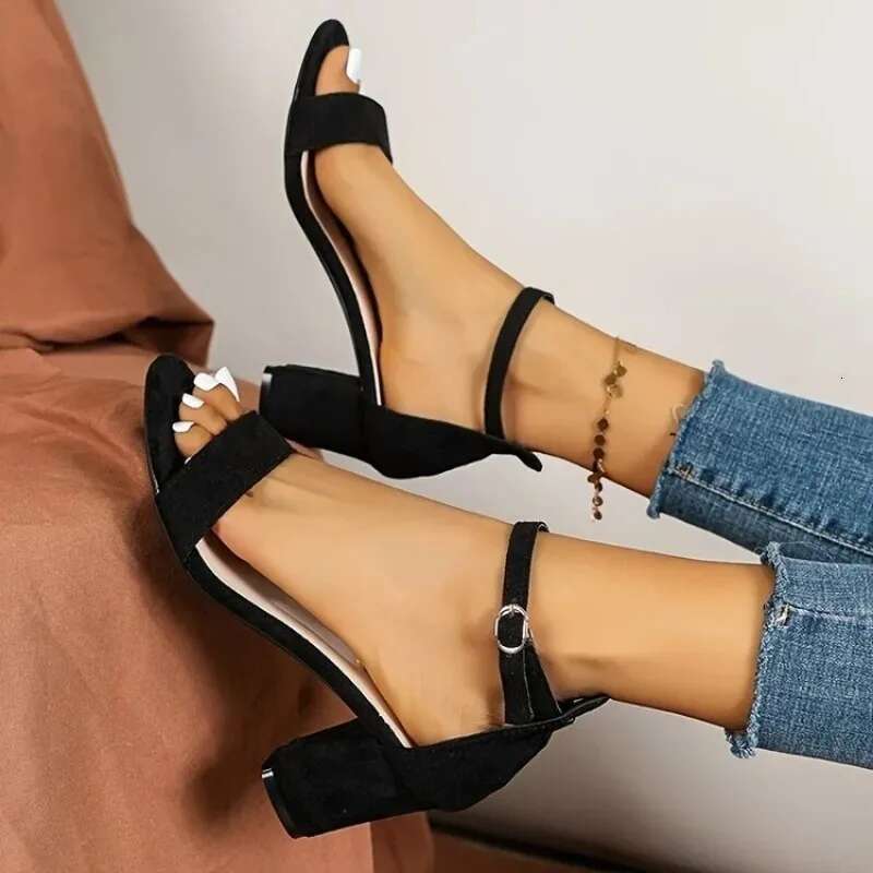Sexy Pumps for Women High Heels Open Toe Suede Thick Heel Bridal Party Shoes Ladies Buckle Strap Gladiator Sandals 35-42 Black