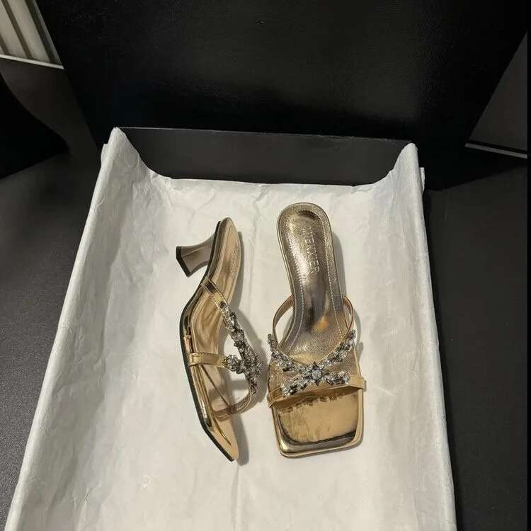 2025 Women's Slippers with Exposed Toe Sequins Anti-slip Wear-resistant Medium and Square Heels Summer