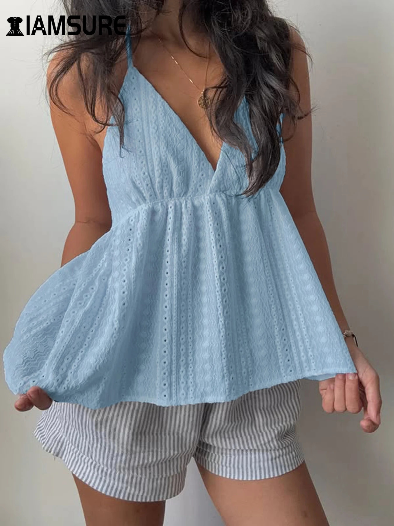 IAMSURE Holiday Loose Hollow Out Camis Top Beach Style Solid Deep VNeck Sleeveless Tank 2025 Summer Fashion Lady 250506