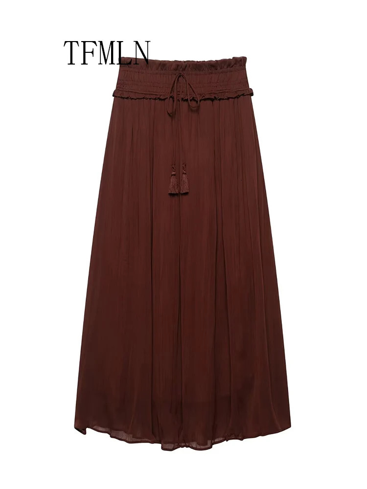 TFMLN Elastic Waist Long Skirts For Women Tassel Lace Up Decoration Midi Skirt Woman Vacation Loose Womans 250515