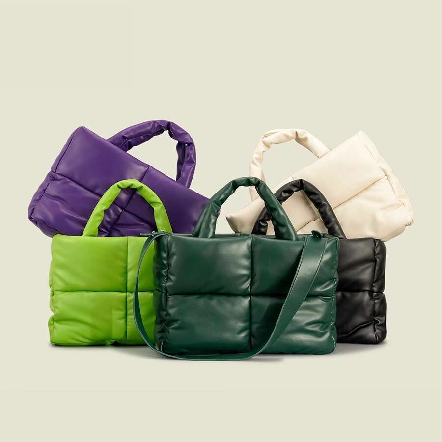 Fashion Leather Padded Tote for Women Designer Quilted Handbags Soft Pu Shoulder Bags Down Cotton Winter Bag Big