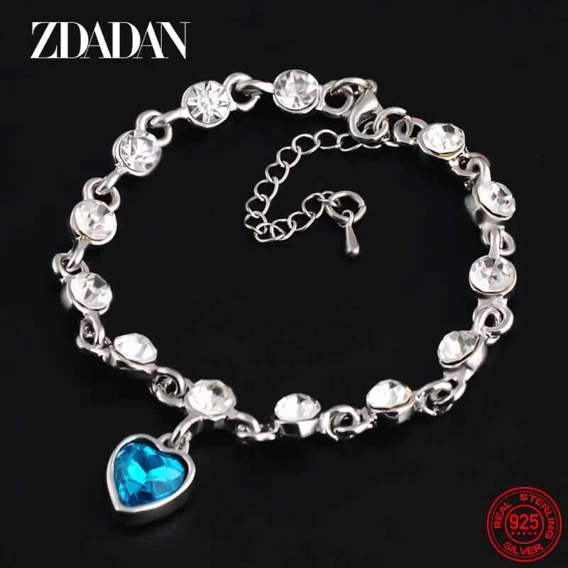 ZDADAN Sterling Sier Charm Sapphire Heart Bracelet Chain For Women Fashion Engagement Party Jewelry Gift