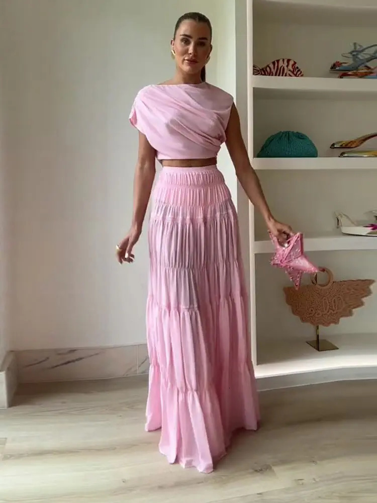 Women Two Piece Set Solid Beach Oblique Shoulder Skirt Strapless Crop Top Ruffles Suit Summer Female Outfits 250515