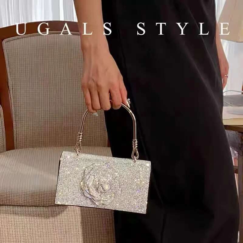 Glitter Shiny Dia Square Fashion Floral Women's Handbag Bling Evening Wedding Party Clutch Purse Shoulder Bag