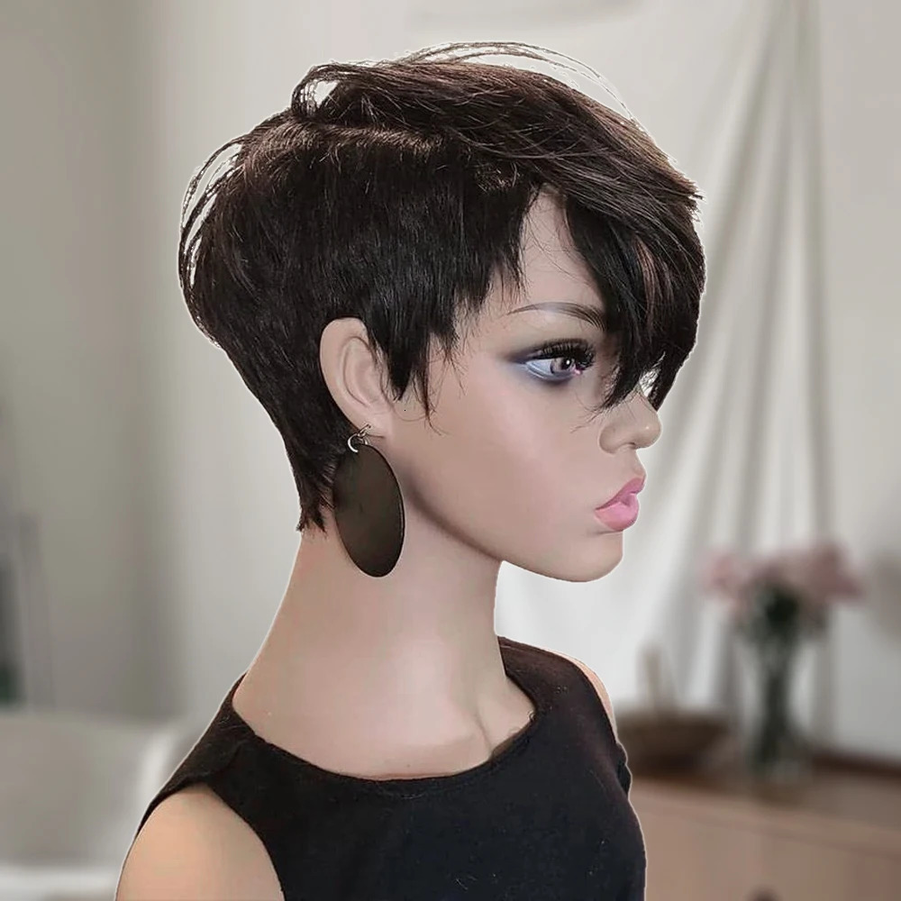 Short Pixie Cut Wig Human Hair with Bangs for Black Women 150% Density Brazilian Remy Hair Easy to Wear Short Machine Made Wig 250512