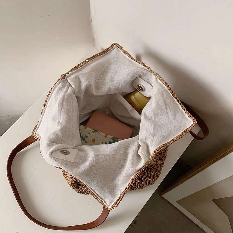 Summer Straw Woven Shoulder Rattan Beach Large Capacity Tote Bags Handmade Vacation Travel Handle Bag Shopping Handbag Bolsa