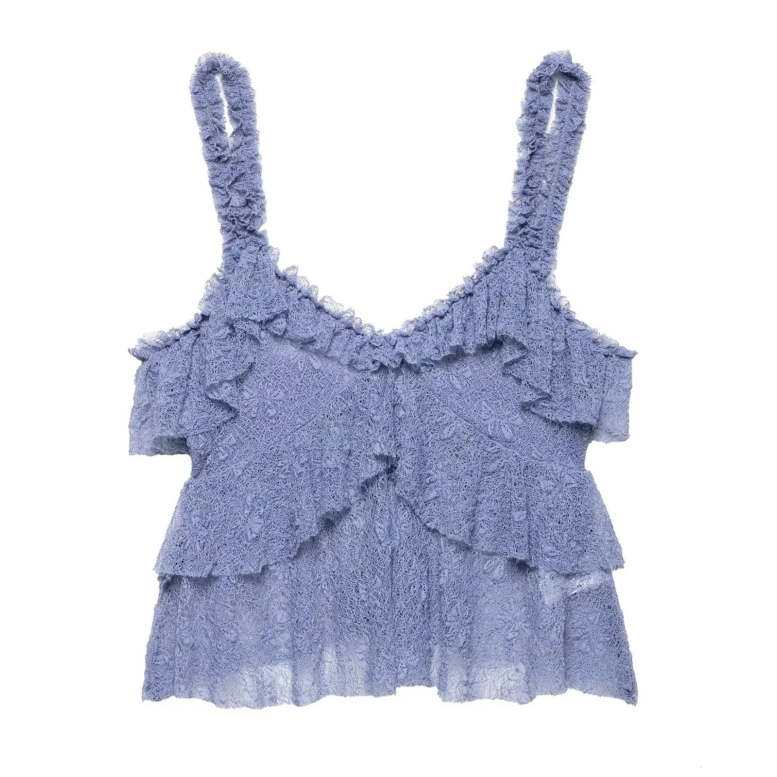 Zevity Women Chic Pleated Ruffles Lace Crochet Perspective Sling Camis Tank Lady Sexy V Neck Shirt Blouse Tops LS9113 250515