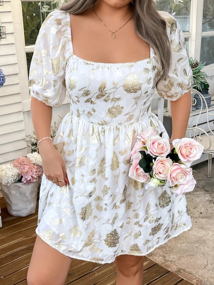 Plus Size 2025 Womens Romantic Cut Floral Stamped Vacation Bubble Sleeve Dress Polyester Beach 250506