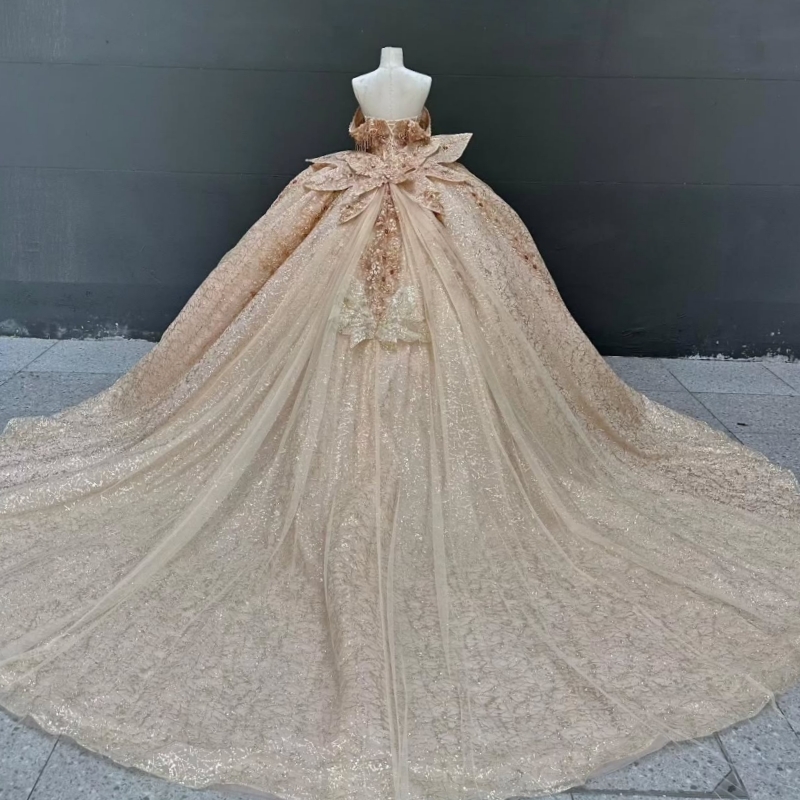 Champagne Gold Quinceanera Dresses Off Shoulder Ball Gown Sweet 16 Dress Sequin Applique Flower Beading Tull Birthday Party Vestidos 15 Anos