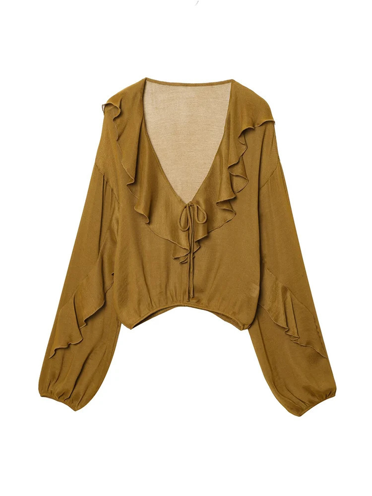 TFMLN Elegant Women Ruffles Blouses Fashion Vneck Translucent Tierred Causal Shirt Tops Commute Style Solid Shirts 250515