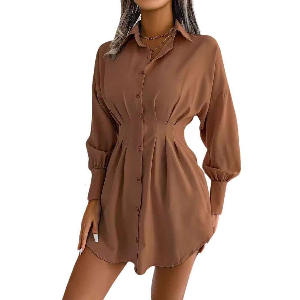 Ins style real-life photos of spring and summer lantern sleeves, waist cinched asymmetrical dress, shirt skirt, women's clothing, 2025 new casual