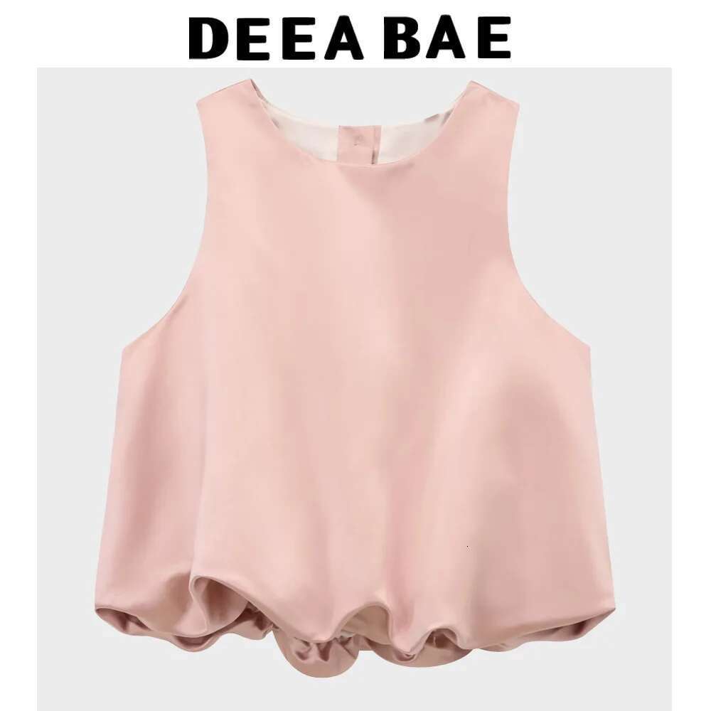 DEEABAE Vests Woman Trend 2025 Round Neck Sleeveless Balloon Version Design Satin Texture Vest Short Top