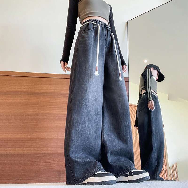L - 6XL Plus Size For Woman High Elastic Waist Drawstring Black Jeans Women Streetwear Wide Leg Loose Casual Denim Pants