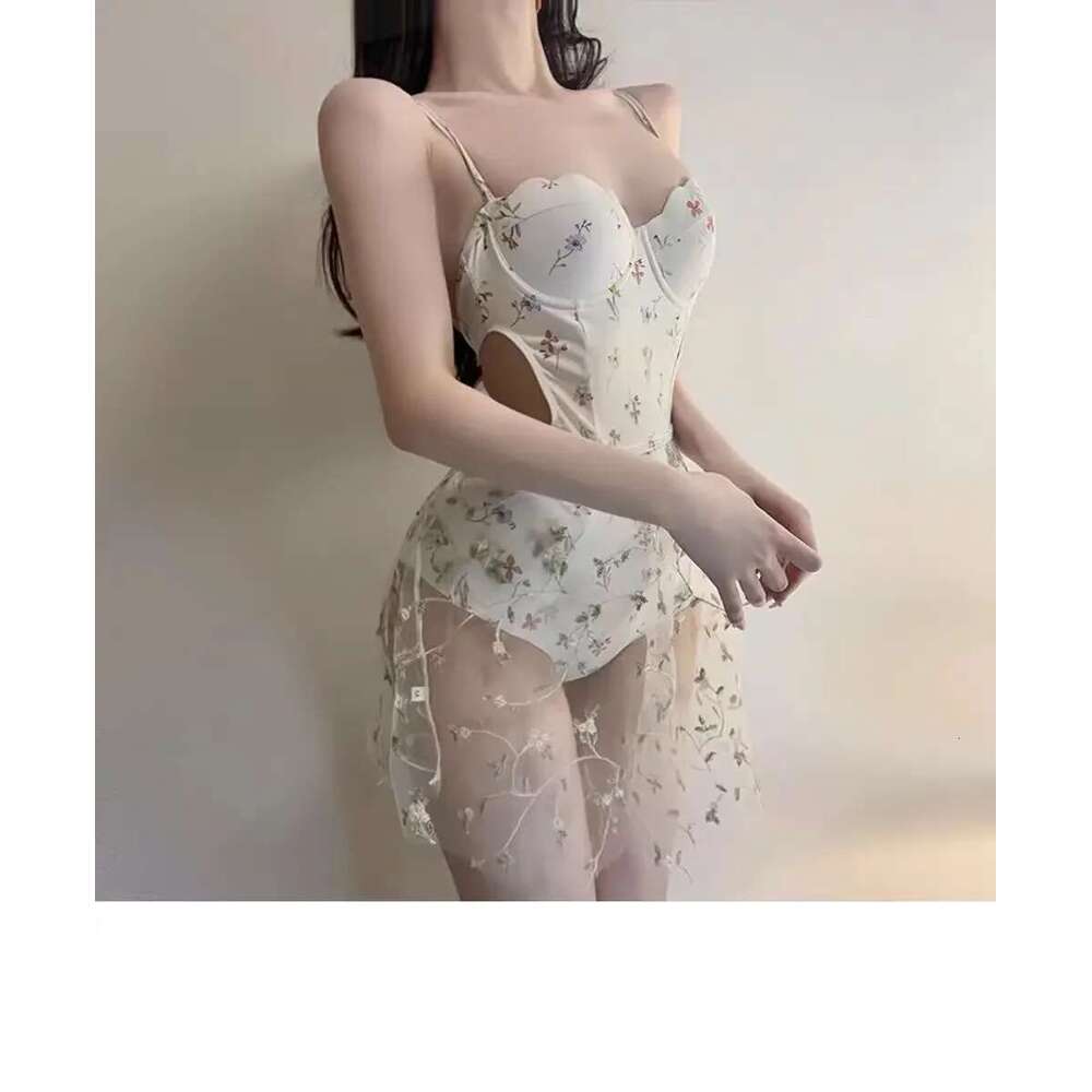 sexy Korean fashion floral print push up swimsuit two pieces with perspective mesh cover skirt bodysuits bikinis swimwear