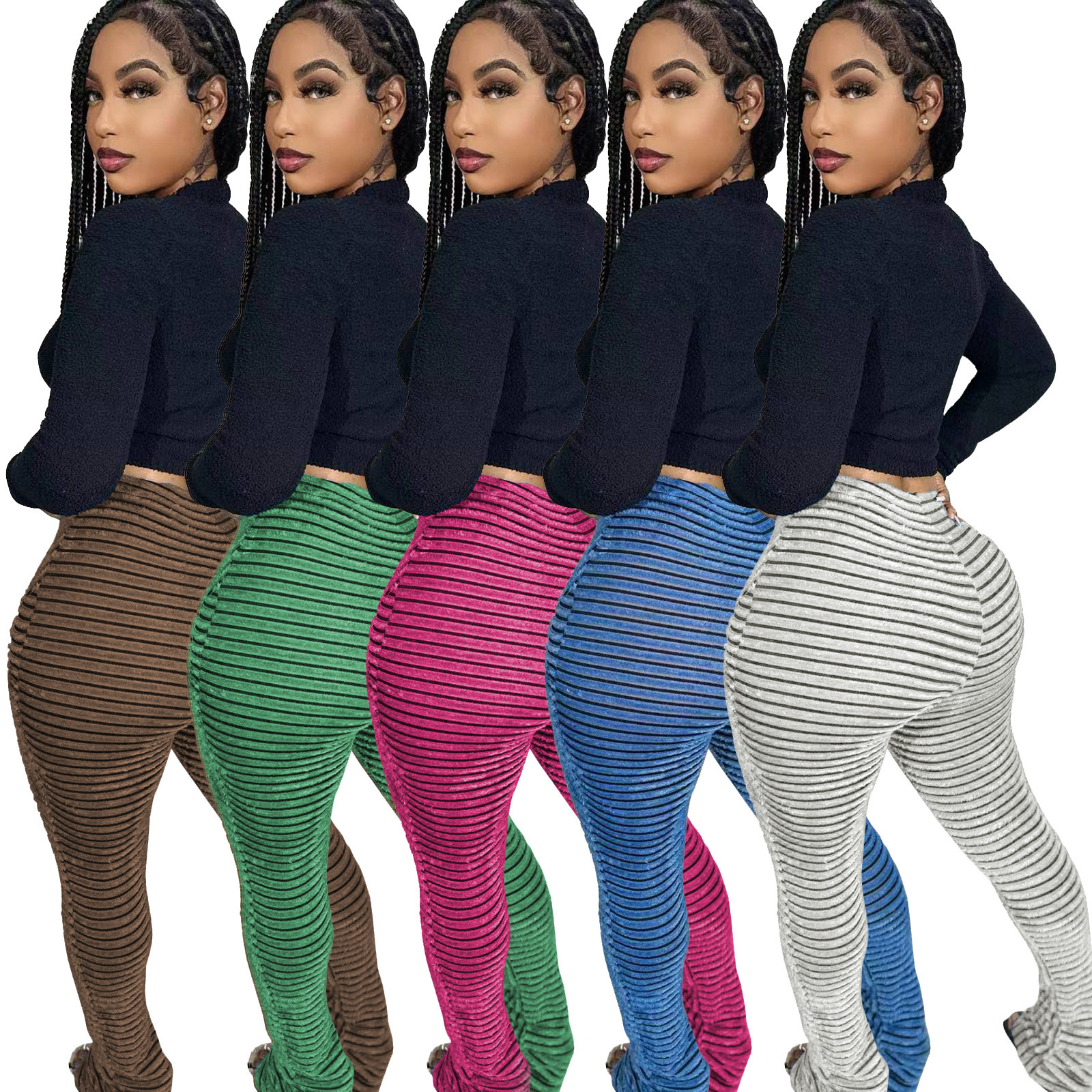 HR23101 Womens Fur Texture Breathable Large Elastic Fashion Casual Versatile Slim Fit Stacked Pants