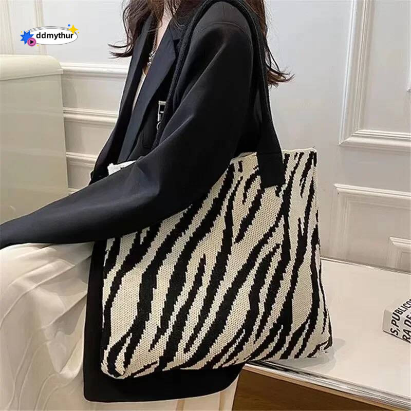 Trend Zebra Pattern Crochet Large Capacity Handbag Shoulder Bag, Simple Knitted Tote Bag for Teen Women Girls ddmythur