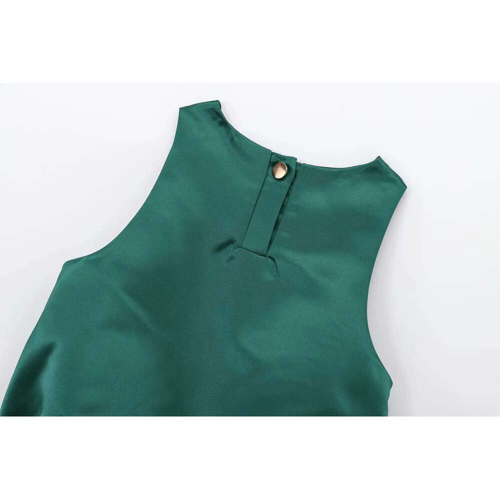 DEEABAE Vests Woman Trend 2025 Round Neck Sleeveless Balloon Version Design Satin Texture Vest Short Top