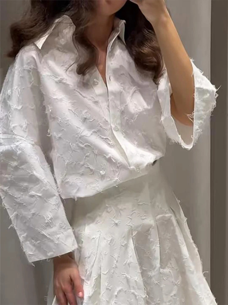Elegant Tassel Shirt Skirt Set Women White Lapel Long Sleeve Button Top Aline Pleated Midi Skirts Summer 2 Pcs Lady Outfit 250515
