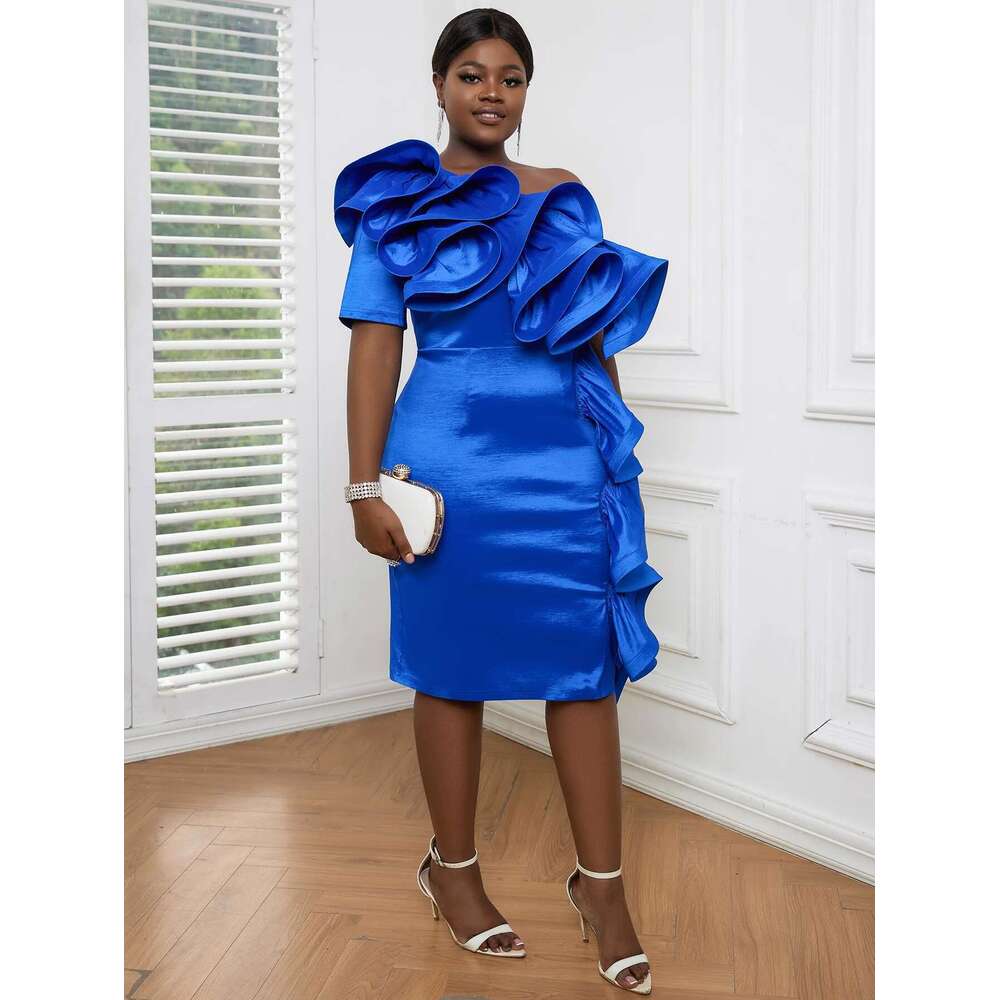 Blue One Shoulder Dresses for Women Plus Size Ruffles Bodycon Pencil Knee Length Celebrate Party Gowns Summer tail Outfits