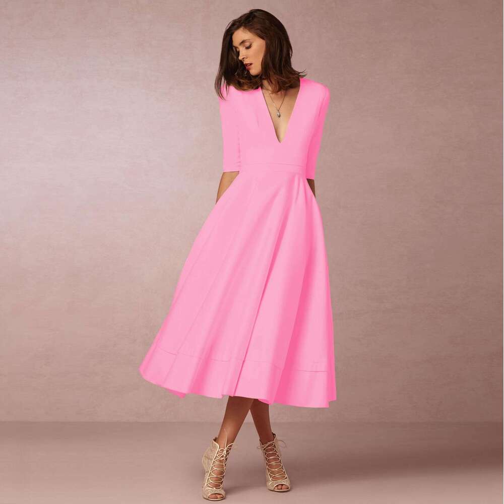 White Dress Maxi Dress 2024 New Women's Evening Sexy Deep V Mid Sleeves Large Hem Dress KQ