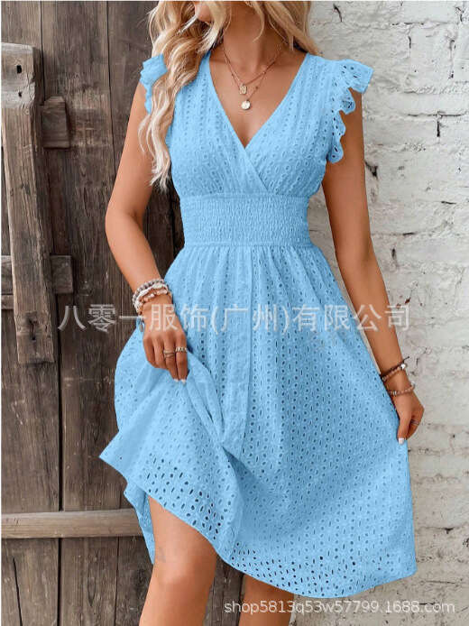 2024 New Mid length Lace Jacquard Hollowed out Slim V-neck Large Women's Dress