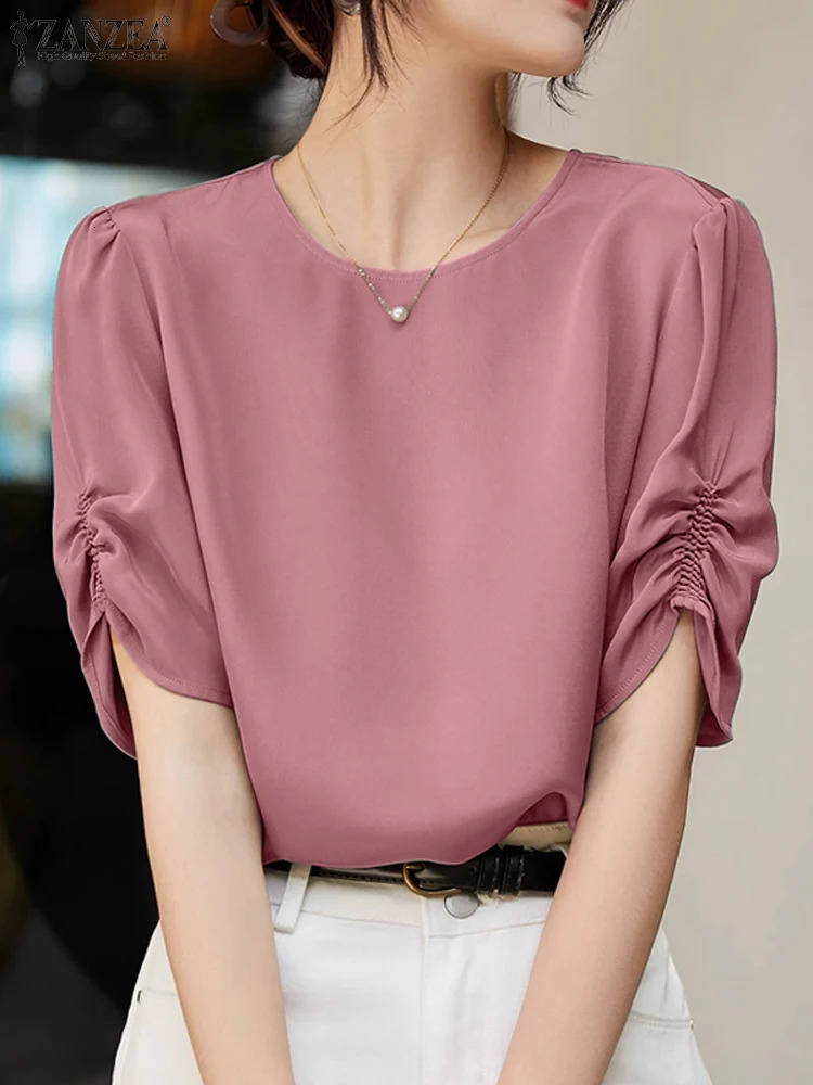ZANZEA Solid Casual Office Work Tops Fashion Summer Short Sleeve Blouse Women Elegant Loose Party Blusas OL Shirt Chemise 250514