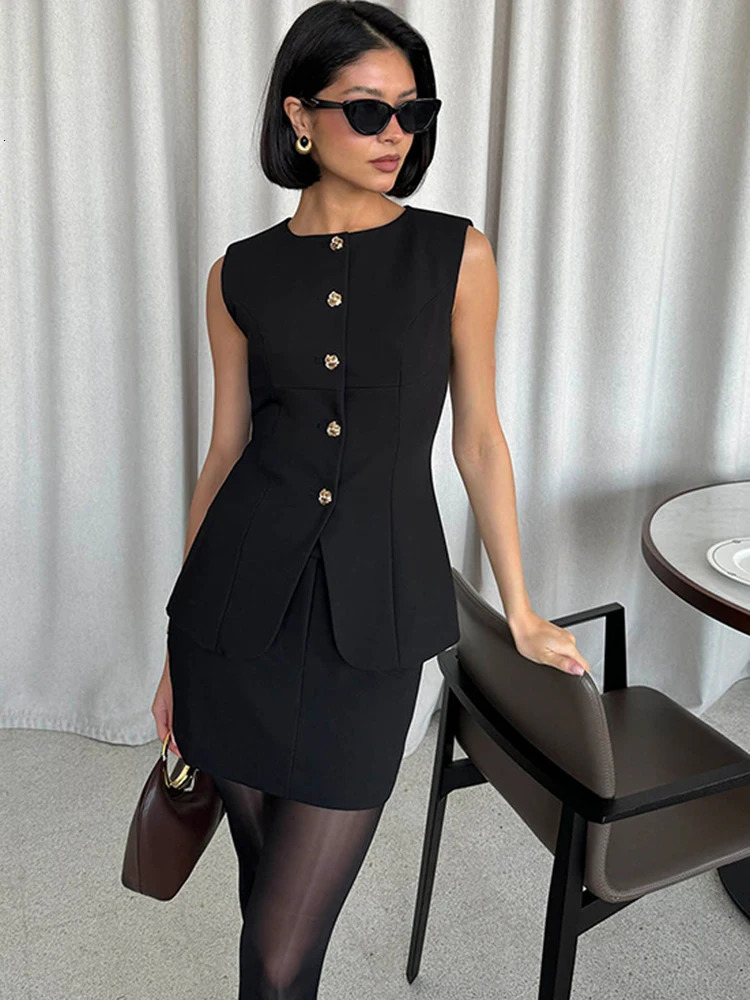 JULISSA MO Round Neck Single Breasted 2 Piece Sets Women Blazer Suit White Sleeveless Top Mini Skirt Summer Elegant Office 250515