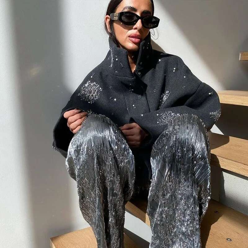 Casual Embroidery Beading Loose Women Coat Lapel Collar Bat Sleeve Solid Wool Blend Jacket 2025 New Lady Spring Outerwear
