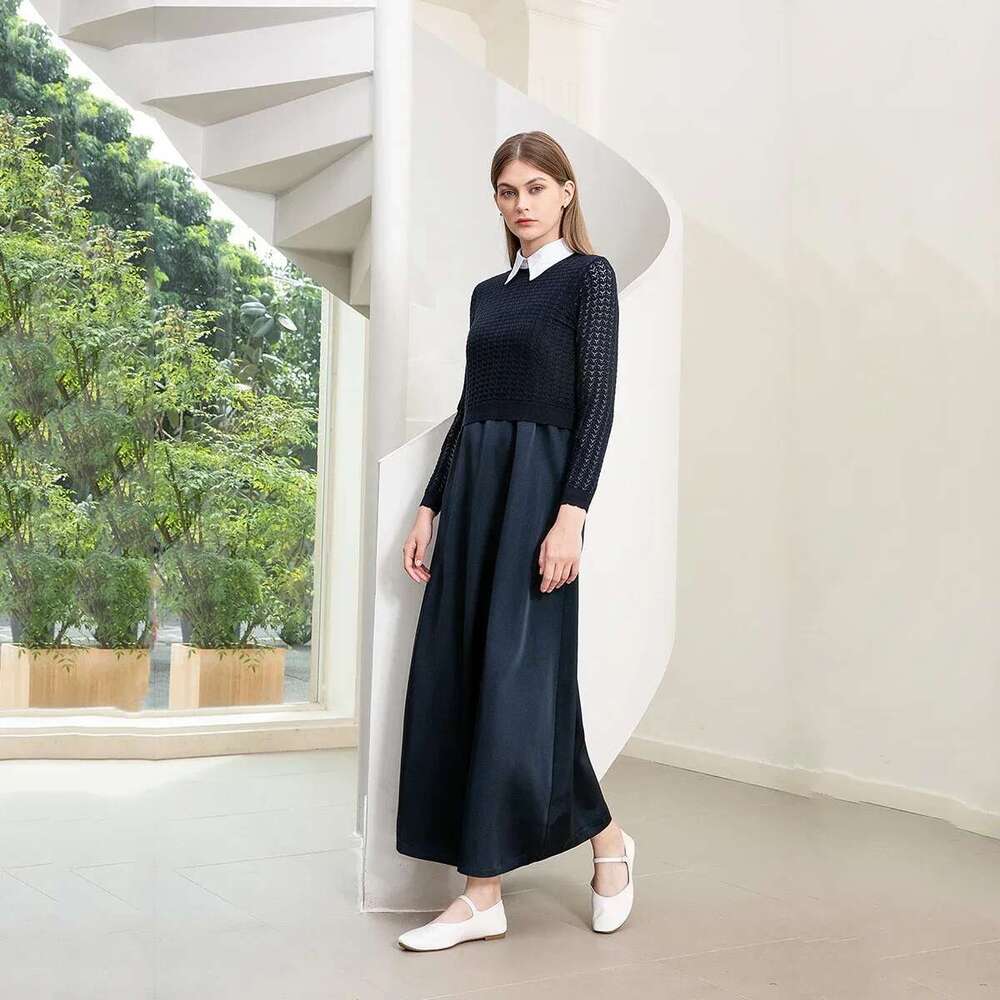 AP 2025 Autumn Winter Women Hollow Sweater and Satin Sleeveless Dress Elegant Fashion Lady Clothing