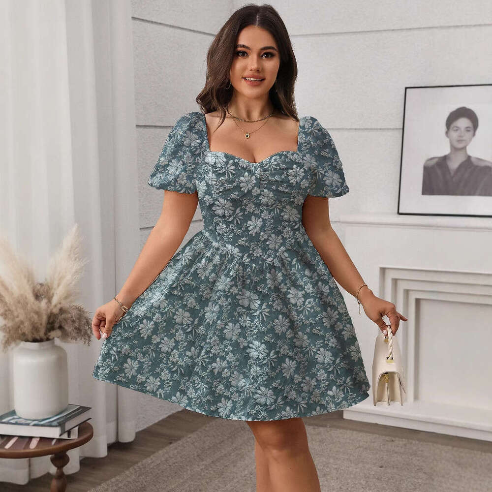 Plus Size Buttock Calf Dresses for Woman Elegant Skirt Partydress Skirt Bodysuit Floral Dress 2025 French Square Collar Dress Slimming and Fluffy Shor