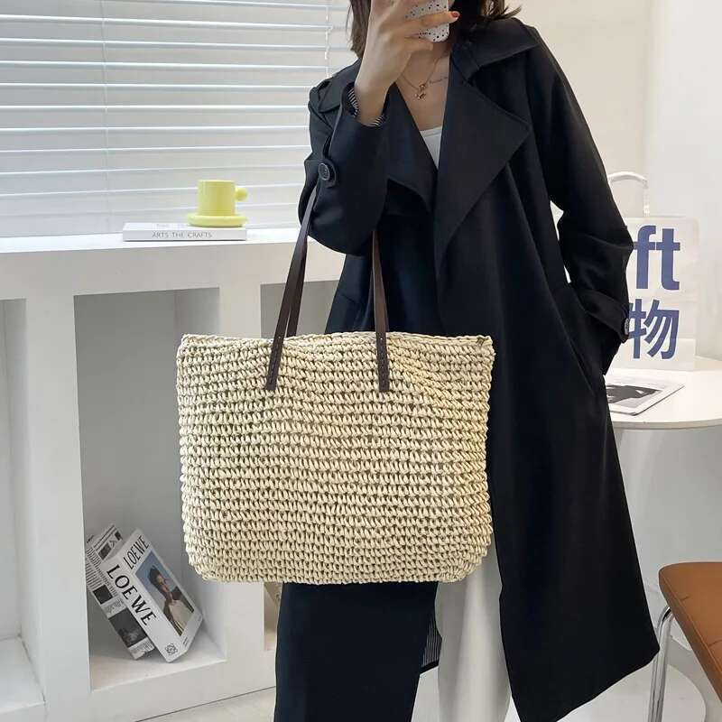 Handbag Summer Beach Rattan Woven Handmade Knitted Straw Large Capacity Totes Leather Women Shoulder Bag Bohemia New