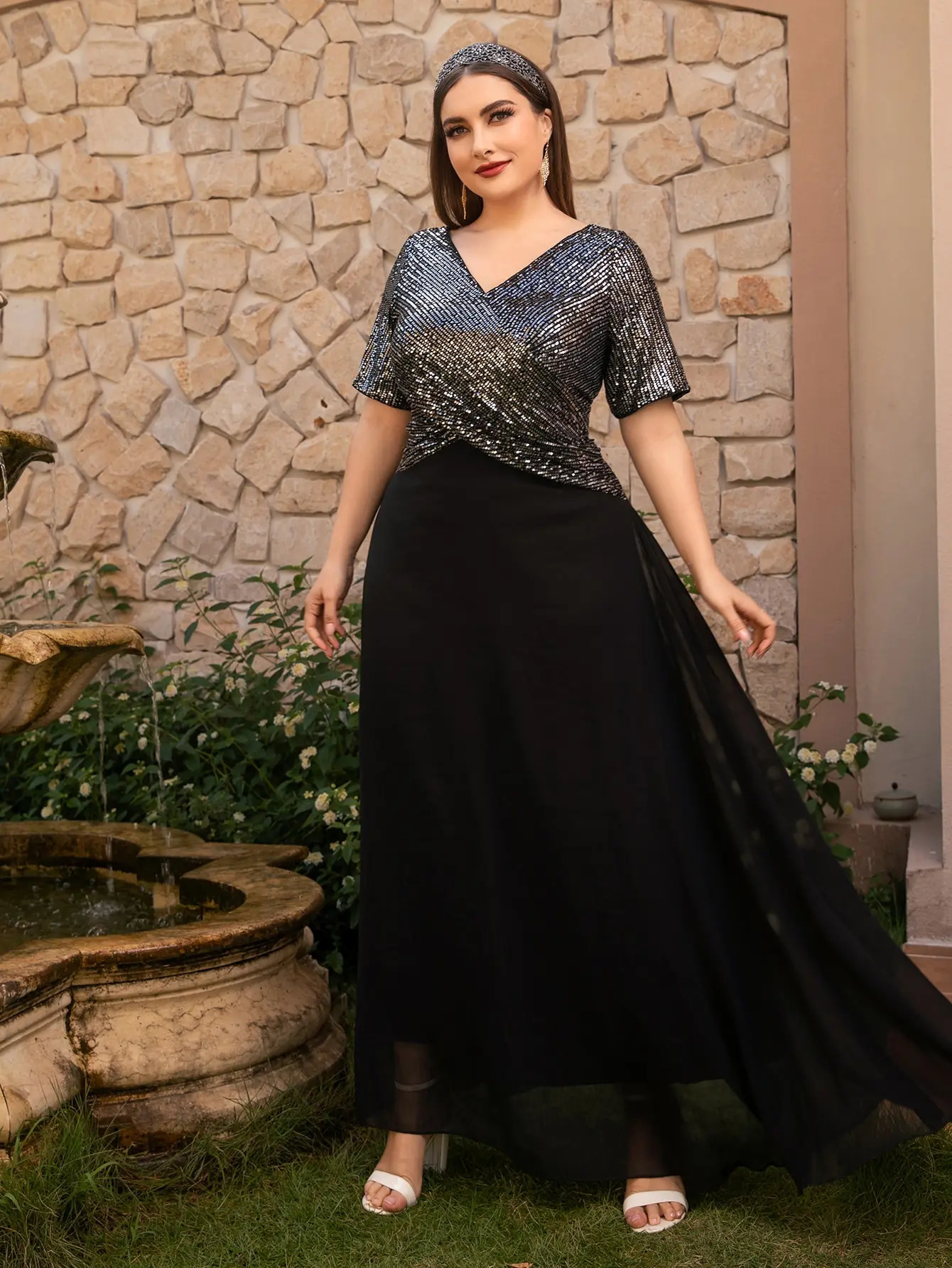 style double V-neck sequined chiffon dress for plus-size women in Europe and America suitable for bridesmaids at weddings 250509