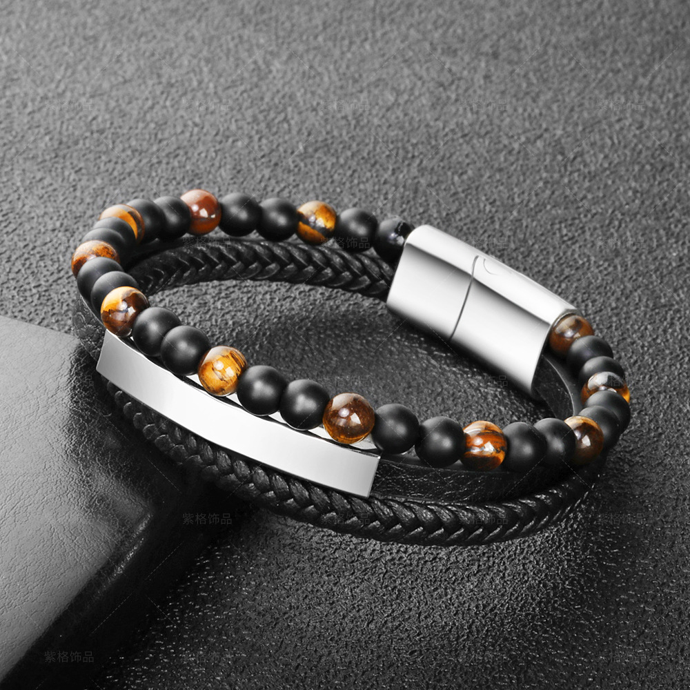 Men's Tiger Eye Stone Beaded Bracelet with Black Braided Leather Band - Stylish and Durable Multi-Layer Bracelet for Men