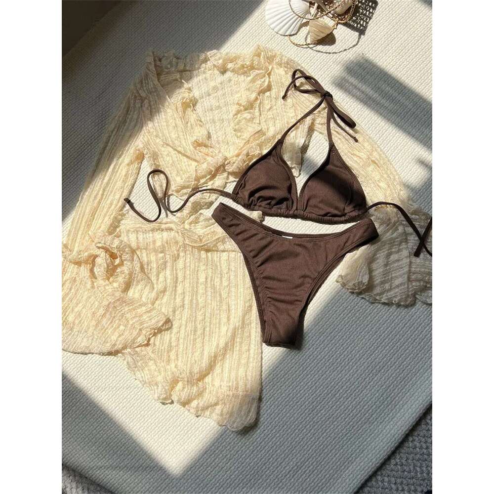 4 Pieces Bikinis Sets Women Mesh Long Sleeve Cover Up with Beach Skirt Swimwear 2024 Holiday Bathing Suit Patchwork Swimsuit