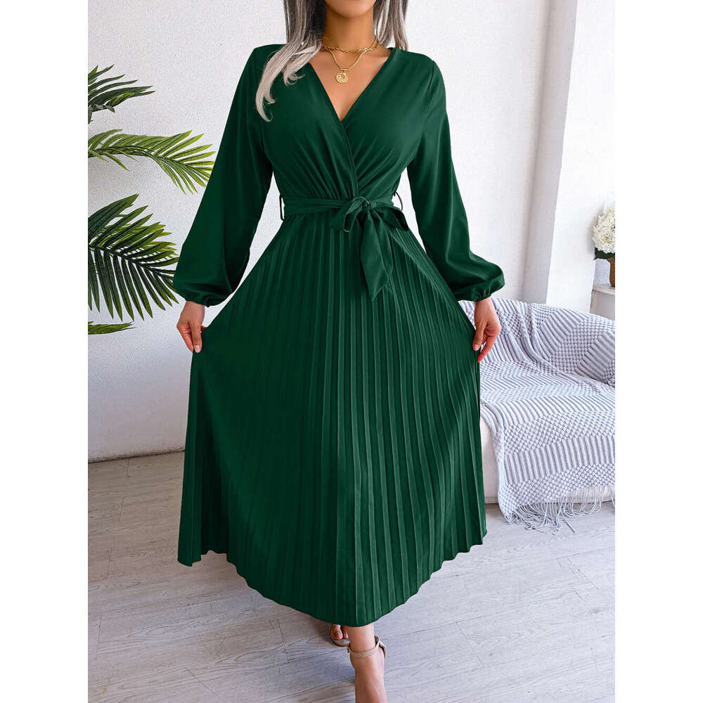 Explosive Real Shot European American Spring and Summer Style Cross V-neck Big Swing Hundred Fold Long Dress Women's 2025 New Casual Fashion Tren