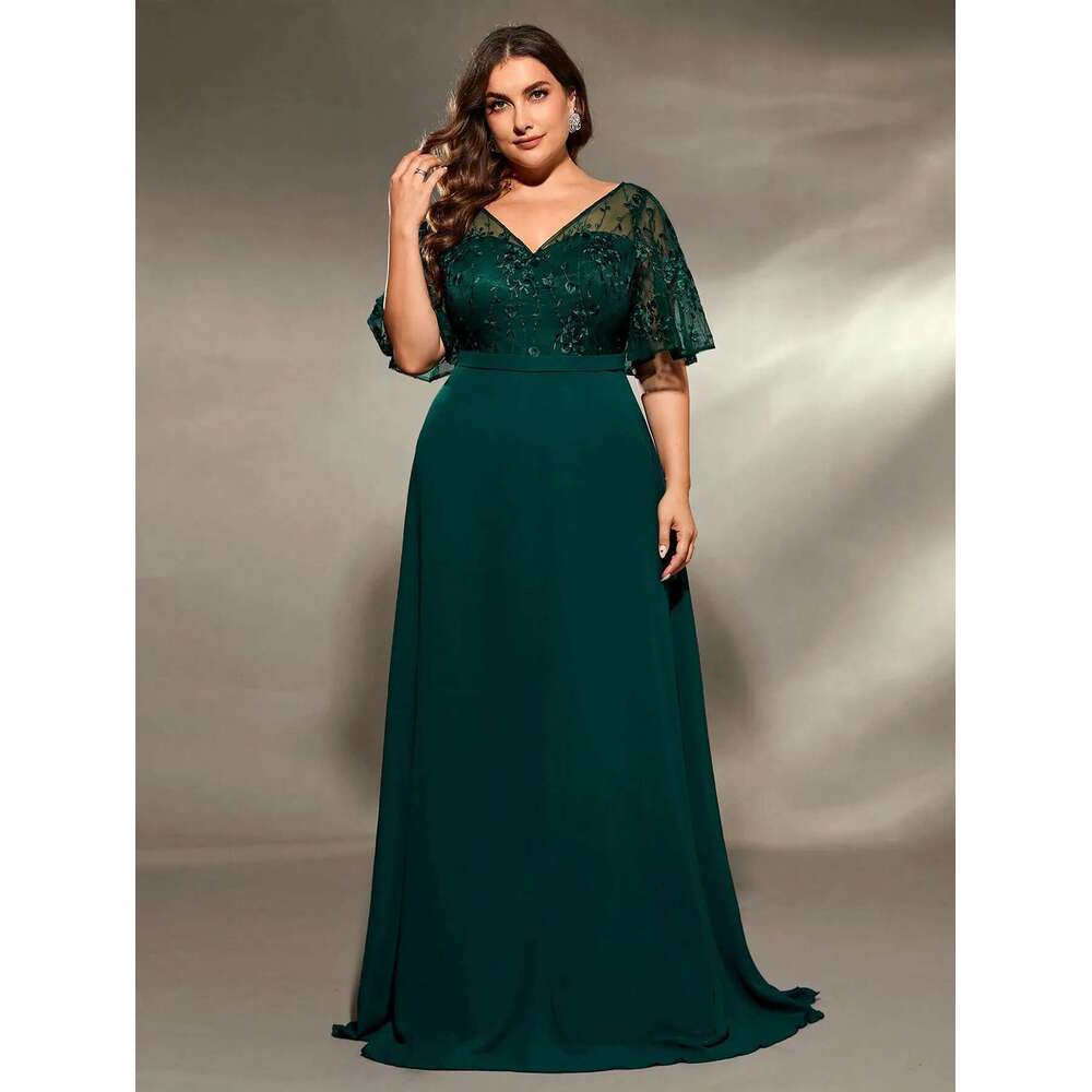 Mgiacy plus size V-neck See-through trumpet sleeve embroidered chiffon full skirt Evening gown Ball Party dress