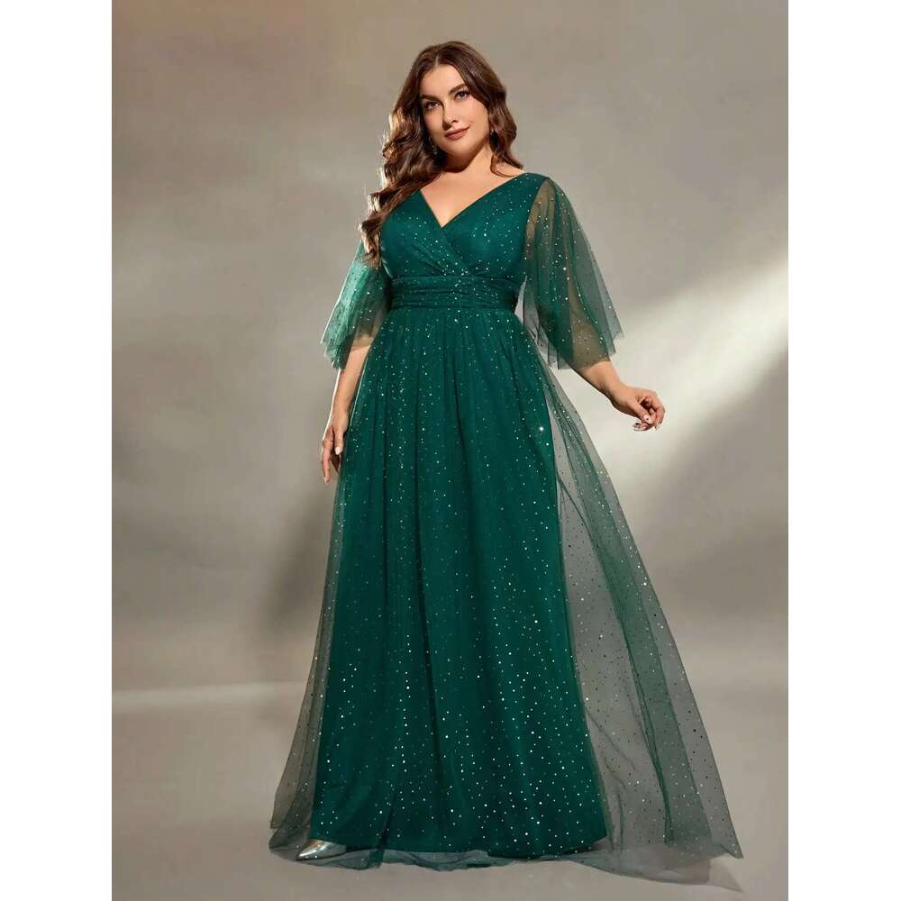 Mgiacy plus size V-neck cross chest pleats irregular long sleeve fillet netting A full skirt Evening gown Ball Party dress