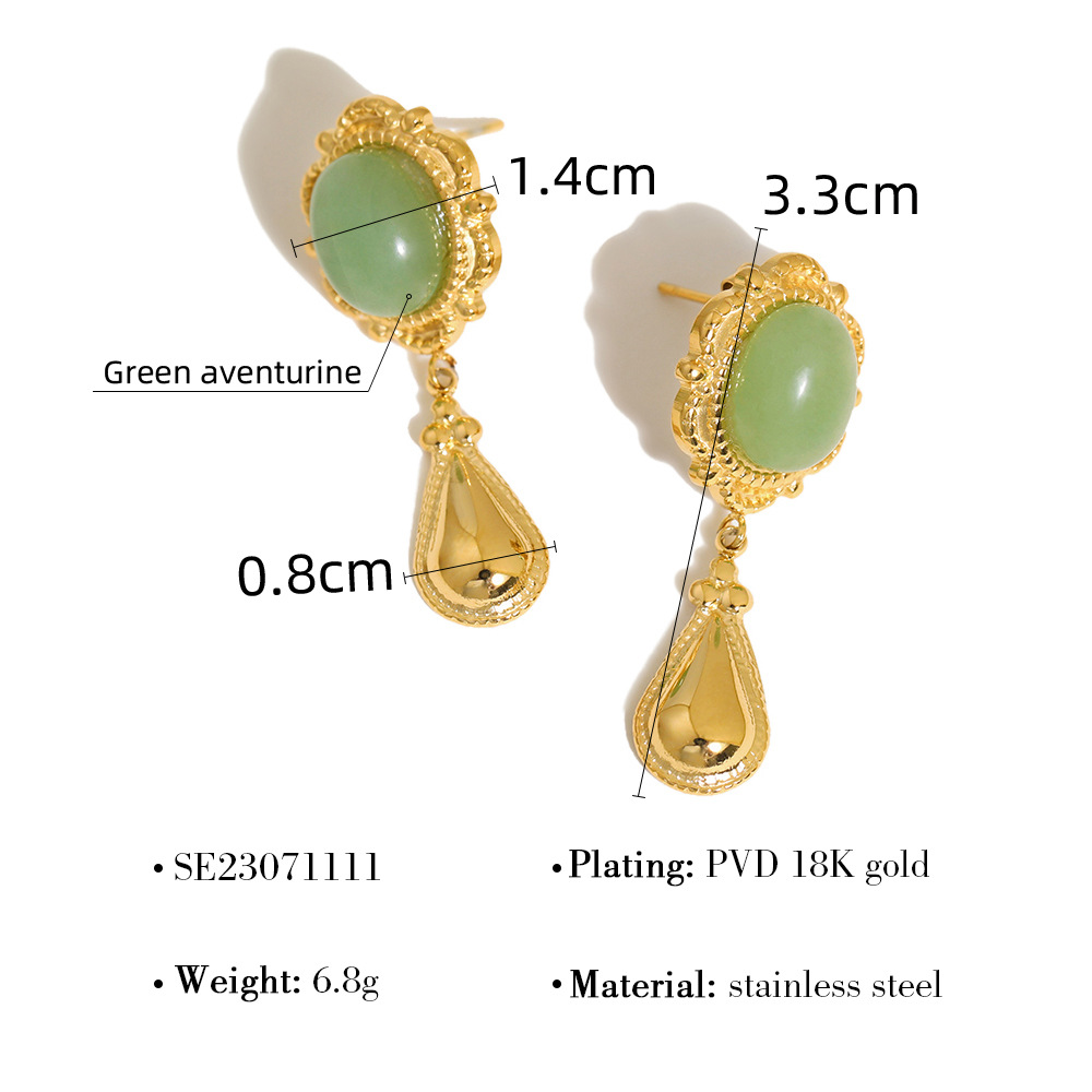 Vintage-Inspired Green Aventurine Drop Earrings, 18K Gold Plated Stainless Steel, Long Dangle Design, Stylish & Elegant for Women, Wholesale Jewelry