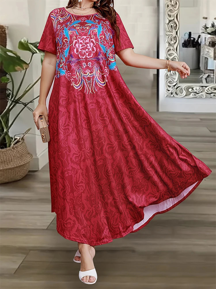 Plus size 2024 summer womens printed pattern round neck short sleeved dress loose casual long skirt 250506